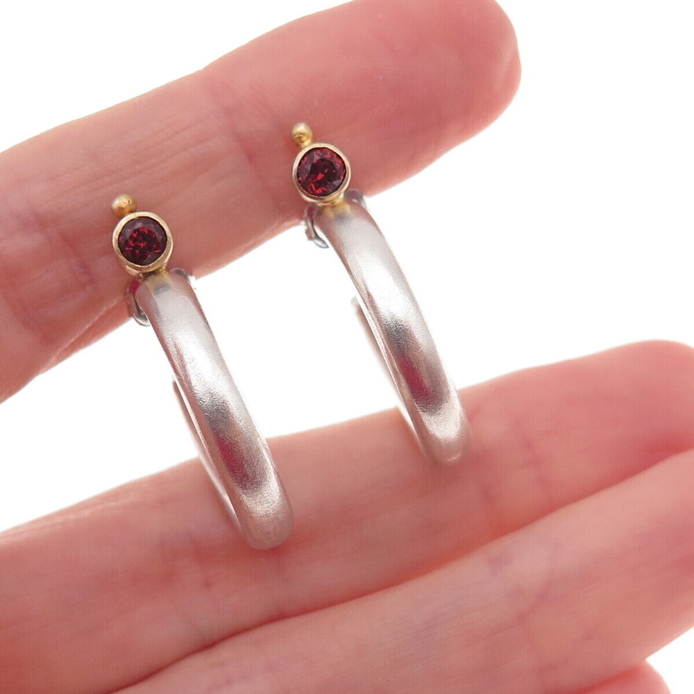 925 Sterling Silver 2-Tone Vintage Real Red Garnet Modernist Hoop Earrings